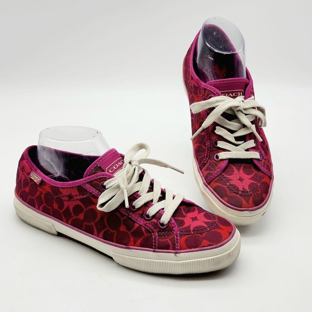 COACH Kalyn Womens Sneakers 7.5 B Pink Red Signature C Logo Lace Up Canvas 7-1/2 - Picture 1 of 11